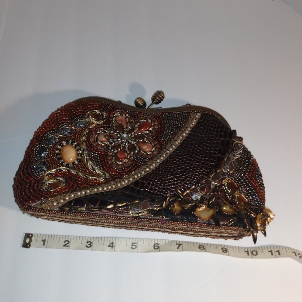 Chico's: Brown purse with ceramic stones & beads, chain strap and metal handle. - Picture 5 of 6